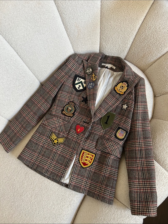 Veronica Beard Jackets & Blazers - Veronica Beard Plaid Patchwork Blazer with Embroidered Crest Patches